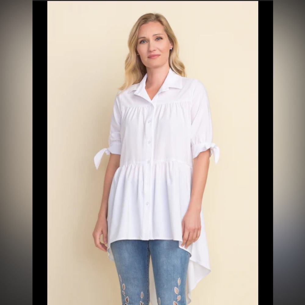 Joseph Ribkoff Women’s White Low Hemmed Button Down Tunic Tie Sleeves Size 8